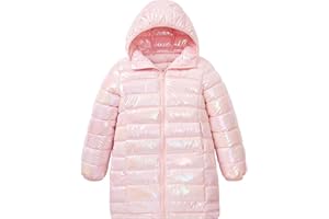 ALISISTER Girls Coat Long Sleeve Winter Hooded Puffer Jacket Shiny Outerwear with Pocket 5-12 Years