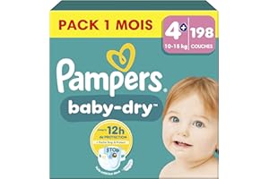 Pampers Baby-Dry, Taille 4+, 198 Couches, 10-15kg, Extra Absorption, Une nuit jusqu'à 100% sans fuites avec la Poche Stop & Protect à l’arrière de la couche, Pack 1 Mois