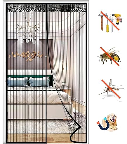Magnetic Screen Door, Shuts Automatically Anti Mosquito Fly Mosquito Door, Easy Adhesive Mounting Without Drilling, for Doorways/Doors/Patio-Black| 145x230cm(57x90inch