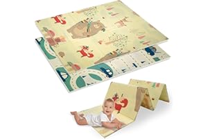 Humbi Mata do zabawy dla niemowląt, mata do raczkowania, pianka XPE, dwustronna, płaska, wodoszczelna, bardzo duża, mata dla niemowląt, antypoślizgowa, 120 x 180 cm, misi, lisy i samochody