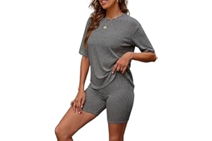 Zetieny Chándales de Mujer Conjunto de 2 Piezas Conjunto de Manga Corta y Pantalón Corto Pijama Casual Solid Verano