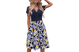 STYLEWORD Abito Estivo da Donna Abito Casual con Scollo a V a Maniche Corte con Scollo a V Floreale in Vita con Tasche