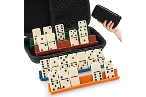 NITOY Domino Set für Erwachsene, Double 6 Dominosteine mit 28 Steinen (4 x 2 x 0,5 cm) und 4 Silikon-Dominohaltern (16 x 1,7 x 1,8 cm), Klassisches Brettspiel mit Tragetasche für Familienspiele und Reisen