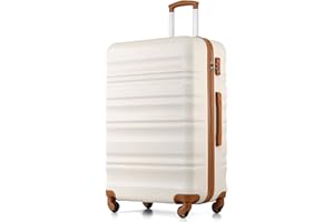 COOLIFE Hartschalen-Koffer Trolley Rollkoffer Reisekoffer mit TSA-Schloss und 4 Rollen (Weiß/Braun, Großer Koffer)