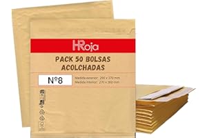 HRoja - Sobres Acolchados Nº8 (290 x 370 mm), Pack de 50 - Papel Kraft con Burbuja Interior - Autoadhesivos, Resistentes, Antigolpes y Antimanipulación para Envíos y Paquetería