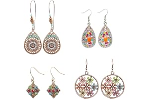 BEHAHAI BHAHAI 4 Pairs Vintage Dangle Earrings, Bohemian Earrings Vintage Drop Earrings Dangle Hook Earrings Statement Earrings Boho Retro Rhinestone Stud Earrings Leaf Shape Earrings for Girls Women