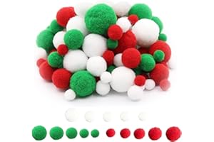 PROBUK 130 Pompones 10/15/20/25/30 mm de Colores, Bolas de Pompones para Manualidades, Coloridas con Elástico Mullido Sintéticapompones Bola DIY para Sombreros Bufandas Guantes Zapatos(Verde, Blanco, Rojo)