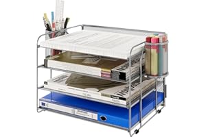 TQVAI 4-Tier Letter Tray Desk Tidy Organiser with 2 Pen Holder A4 Paper Tray Organiser Document Storage, Silver