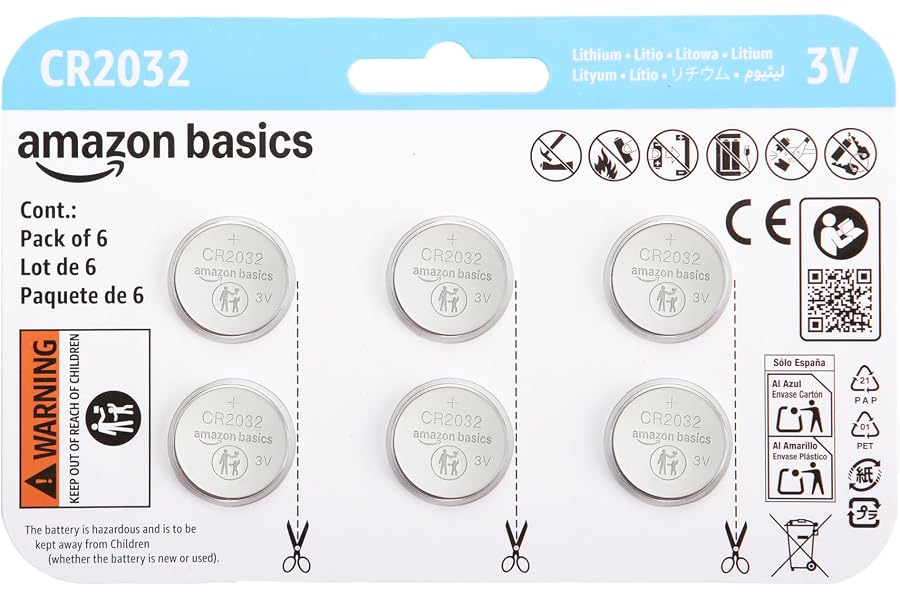 Amazon Basics Lot de 6 piles bouton CR2032 au lithium, 3 V, puissance longue durée, sans mercure