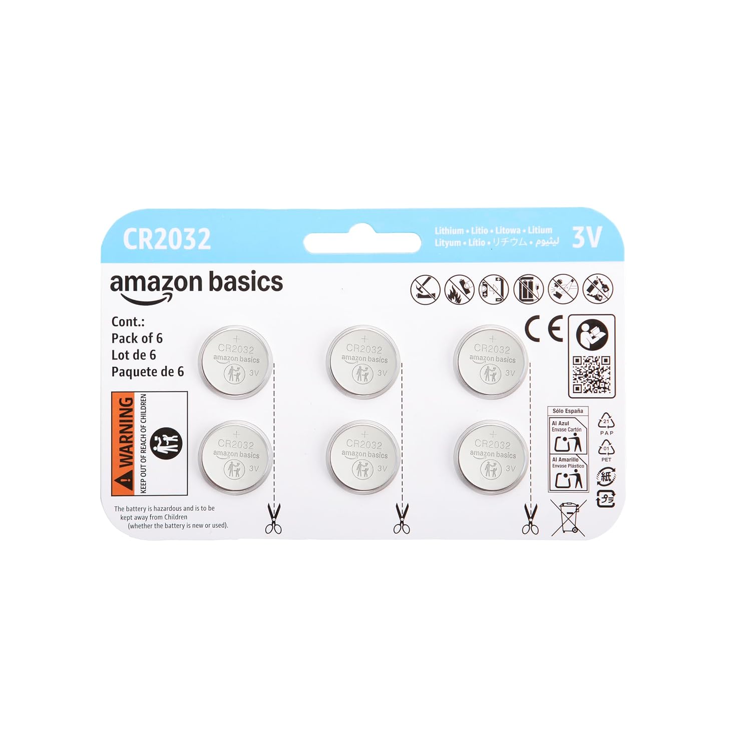 Amazon Basics - Paquete de 6 pilas de litio CR2032 de larga duración, 3 voltios, sin mercurio