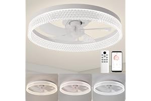 ZYDTRIP Ceiling Fans with Lights and Remote, 19.7 Inch Ceiling Fan, 6 Speeds, Reversible, Dimmable Flush Mount Fan Light, Modern and Bladeless Ceiling Fan Light for Bedroom Living Room Dining Room