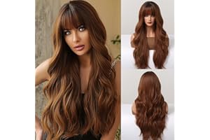 Kellynee Ombre Dark Brown Wig with Bangs - Dark Ginger Long Wavy Wigs for Women, Dark Roots, Natural Realistic Hair, Best Synthetic Heat Resistant Wigs for Daily/Halloween/Party/Cosplay
