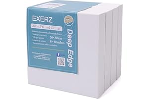 EXERZ 20x20cm Deep Edge Canvas 3.8cm Framed 4pcs, 380GSM 3D Artist Pre-Stretched Square Canvas 100% Cotton/Blank/Triple Primed/Acid Free/Medium Grain/Professional, Acrylic, Oil (20x20cm 4pk)