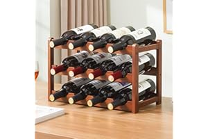 Tinyuet Botellero de Mesa, Botellero Apilable de 3 Niveles para hasta 12 Botellas, Wine Rack de Bambú para Cocina,Bar, Bodega, Gabinete, Despensa - 43x28x23cm