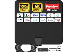 BAOLUOD Indoor TV Aerial, Digital TV Aerial 350+ Miles Range & 360° Reception, Amplified TV Antenna with Signal Booster & 16.4 ft Cable for Freeview 4K 1080P HDTV Local Channels