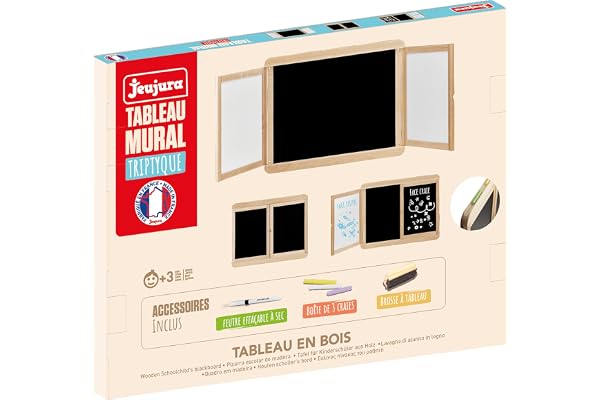 Jeujura - Tableau Mural Triptyque - Une ardoise centrale pour écrire à la craie et deux volets pour feutre effaçable à sec et craie - Nombreux Accessoires – Dès 3 ans - Fabriqué en France - 8804