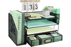 IOUGDSEC 3 Tier Desk File Organiser with Extra Vertical File Sorter, Paper Letter Tray with Top Stationery Drawer Holder, A4 Paper Desktop Filing Trays, Magazine Document Holder for Home Office, Black