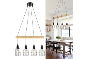 ‎FORCOSO FORCOSO Pendelleuchte Esstisch Hängelampe Holz 4 Flammig, Vintage Esszimmer Lampe Hängend Höhenverstellbar Schwarz Metall Lampenschirm Max 180cm, E27 Retro Rustikal küchenlamp Esszimmerlampe