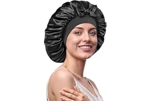 Umisleep Bonnet Soie Cheveux Nuit Femme, Bonnet de Nuit en Soie Double Couche 22 Momme, Grande Taille, antidérapant et Respirant, Bande réglable pour Cheveux Longs et bouclés, Noir