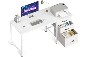 Coleshome Escritorio con 3 Cajones de Tela, 120x48cm Escritorio Espacioso con Soporte para Auriculares, Blanco Escritorio de Ordenador Reversible para Oficina en Casa