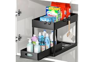 Coovee Organizador Bajo Fregadero Cocina, 2 Niveles Organizador con 4 Ganchos, Gran Capacidad Extraíble Estante Almacenamiento Debajo Fregadero para cocina, baño, Negro