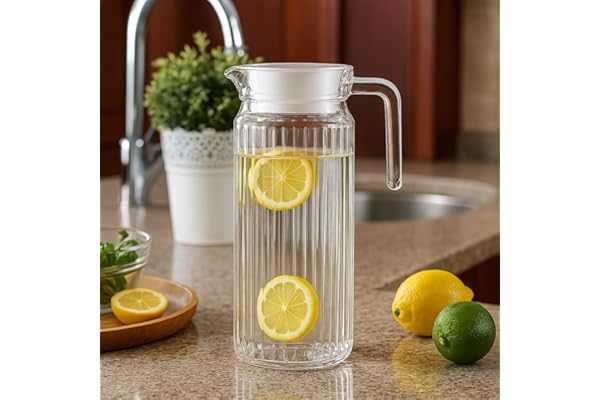 Water Jug - Detox Glass Jugs with Lid for Dining Table - Elegant 1100 ml Transparent Pitcher for Juice, Iced Tea, Infused Water, Milk, Lemonade, Hot & Cold Beverages, Droplis