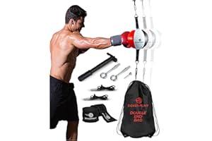 BOXERPOINT Sac de Boxe Double End Ball - Cuir PU Double End Boxe Speed Bag - Sac de Frappe avec Cordons Réglables Sac de Transport, Pompe, Kit d'Installation - Sac de Frappe Double Extrémité - Accessoires de