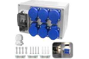 LOMHYVE Distribuidor de corriente para construcción, distribuidor de pared con 1P C16A y 2P 25A FI, 6 enchufes Schuko de 230 V, distribución de corriente IP44, para interiores y exteriores en obras