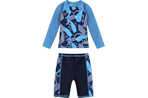 Doomiva Maillots de Bain pour Garçons T-Shirt de Bain Manches Longues Anti-UV Rashguard et Short de Bain Ensemble de Sport Séchage Rapide UPF 50+ Swimsuit 2-10 Ans