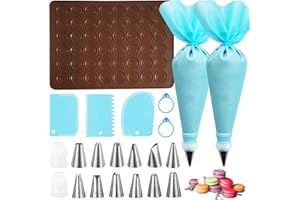 Qaestuan Tapetes para Hornear Macarrones, Con Manga Pastelera y 12 Boquillas, 48 Agujeros Reutilizable Tapete de Hornear, 39 x 29 cm Estera de Silicona Antiadherente, para Macaron, Cupcake, Postre