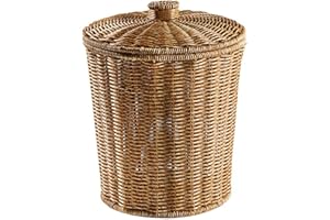 FYOBOT Cesto de Basura Tejido, Cesto de Basura Redondo de Rat¨¢N con Tapa, Jardinera, Cestas de Almacenamiento Tejidas, Cesto de Basura de Mimbre