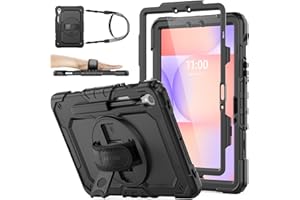 SEYMAC stock Hülle für Samsung Galaxy Tab S10 Lite/S10 FE/S9 FE 10,9 Zoll /S9 11 Zoll, Stoßfeste Hülle mit Displayschutz, 360° Drehbarer Ständer/Handschlaufe, Stifthalter & Schultergurt, Schwarz