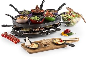 oneConcept Woklette - Raclette Grill, Tischgrill, Partygrill, Leistung: 1200 Watt, stufenlos regulierbare Temperatur, inkl. 8 Pfännchen und Holzspatel, Antihaftbeschichtung, schwarz