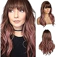 EMMOR Long Purple Pink Wigs With Bang for Women, Natural Looking Wavy Hair Synthetic Ombre Wigs, Finer/Lightweight/Heat Resistant for Everyday/Party/Cosplay (20 Inch)