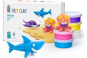 HEY CLAY Ocean: Haj, bläckfisk, stingrock-set – färgglad modellering barn – lufttorka lerkit 6 burkar med roliga interaktiva