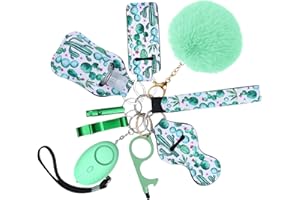 OQIMAX 10 PCS Safety Keychain Set for Women and Kids,Loud Security Alarms Keychain with LED Light, Self Defense Keychain Set with Safe Sound Personal Alarm, Whistle, No Touch Door Opener (Green)