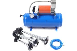 ESYOGEN Luftkompressor mit 4 Trumpet 12V 150PSI Train Luft Horn Kit Luft Kompressor Mit 6L Tank,Blau,für Fahrzeugs, Automotoren und Fahrrad Reifen