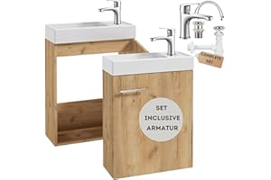 Deftrans Szafka łazienkowa z szafką pod umywalkę 50 x 70 x 21,3 cm – szafka łazienkowa dębowa, szafka wisząca z umywalką i armaturą, nowoczesny zestaw mebli łazienkowych, wąska szafka łazienkowa do