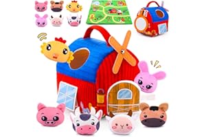 Auney Baby Spielzeug 6-12 Monate,Bauernhof Montessori Spielzeug 6 Monate mit Bauernhoftierem,Scheune,Rassel,Spiegel - Montessori Spielzeug Baby Geschenk ab 1 Jahr