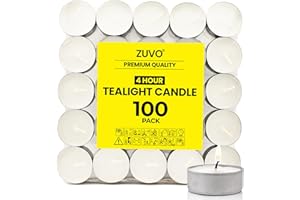 Zuvo 4-Hour Unscented Tea Light Candles (100-Pack) - Long-Lasting with Cotton Wicks, Clean Burning, 3.8 × 1.3 cm, White