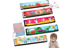 LOKBY 5 Piezas Armonica Infantil Dibujos Animados de Armónica Diatónica 16 Agujeros Trémolo Instrumento Musical Juguete De Armónica Para Niños de Color Armonica Infantil con 2 Toallitas para Armónica