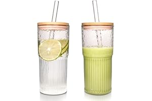 ANOTION Bicchieri in vetro con coperchi e cannucce, 623,7 g, bicchieri da caffè ghiacciato, bicchieri da frullato, bicchieri da acqua, bicchieri trasparenti a coste, tazze da caffè da viaggio