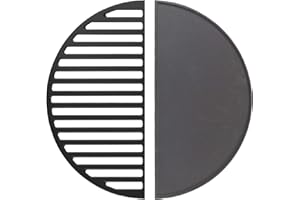 Wiltec Set 1x parrilla y 1x plancha semicirculares de hierro fundido 46,7 x 22,8 x 0,9 cm para barbacoa, barbecue, BBQ, para carnes, pescados y verduras, fácil de limpiar