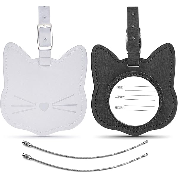 Etichette Valigia In Pelle Con Gatto - Set 2 Pezzi Rosa E Nero Per Identificazione Bagagli