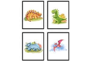 WIETRE® 4er Set Bilder Dinosaurier Kinderzimmer Babyzimmer Deko | Bild Junge Mädchen Poster DIN A4 | Dinos T-Rex Tiere (mit schwarzen Rahmen)