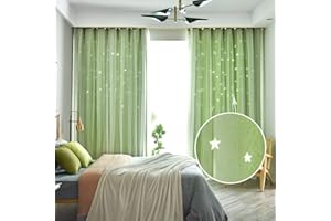 Lanqinglv Star Blackout Curtains with Nets,Green Star Panels Nursery Double Layer Window Curtains for Kids Girls Room Bedroom Living Room Decoration,2 Panels,W 52 in x L 84 in