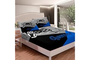 Loussiesd Juego de sábanas para niños y niñas, Juego de Ropa de Cama para Videojuegos con Control de Videojuegos, sábanas bajeras, 4 Piezas, Incluye 1 sábana y 1 sábana encimera con 2 Fundas de almoh