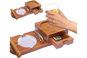 MEYAGOT Cenicero de madera, cenicero para puros, cenicero para puros, posavasos de whisky con cenicero extraíble, cajón, cortador de puros, soporte para puros, juego de regalo para hombres