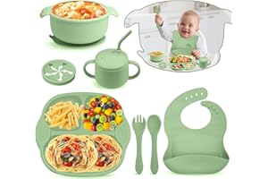 Bwaliffury Baby Geschirrset mit Saugnapf, 8 Stück Baby Geschirr Silikon Baby Teller Set, Silikon Babyteller Schüssel Lätzchen Löffel Gabel Deckel Kinderteller Set, BPA Frei, Spülmaschinenfest (Grün)