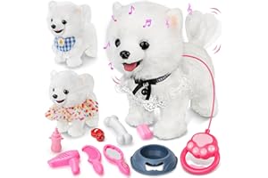 LumenVela Hund Spielzeug Kinder, Hund der Läuft und Bellt mit 3X Kleidung, Knochen, Kleine Schale, Spiegel und Kamm Kuscheltier Hund Spielzeug Ab 4 5 6 7 8 Jahre Mädchen (Weiß)